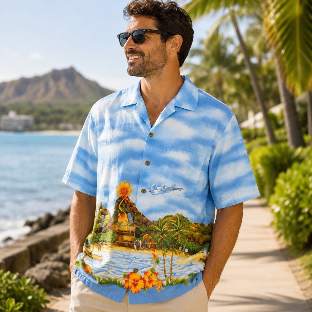 Vintage Koko Island Mens Size Medium Jimmys Place Hawaiian Camp Shirt USA Blue